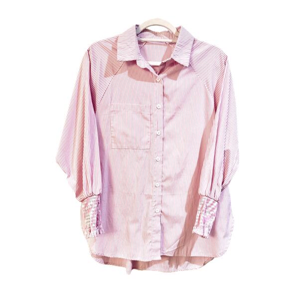 Pink/White Striped Boyfriend Shirt w/ Smocked Cuffs and Pockets Size Small - Picture 6 of 10